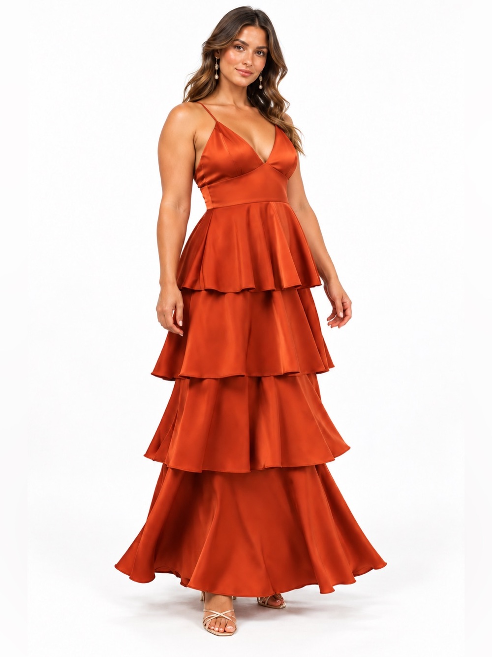Lulus Going With Elegance Rust Brown Satin Tiered Maxi Gown • Large